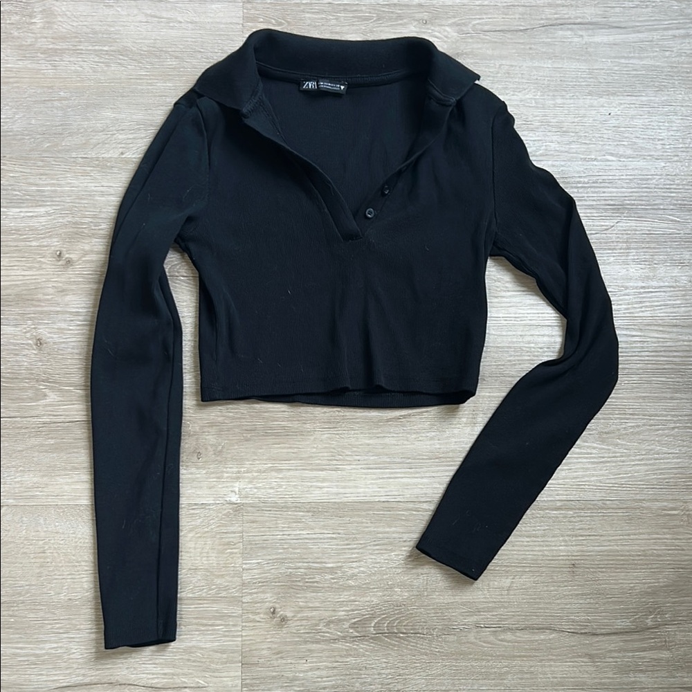 Zara Black Fitted Long Sleeve Polo Crop
